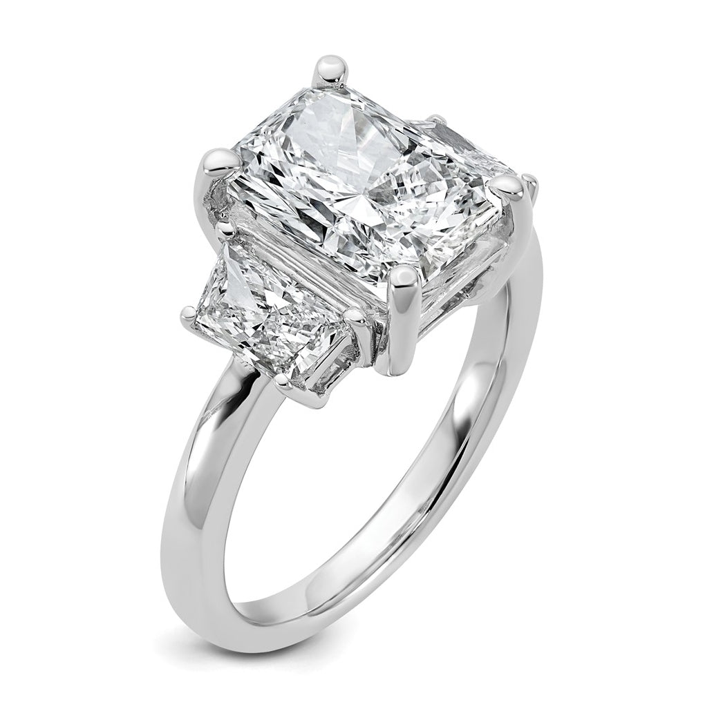 14k White Gold 4 carat Certified Lab Grown Diamond VS+ F+ Radiant and Trapezoid Complete Three Stone Engagement Ring