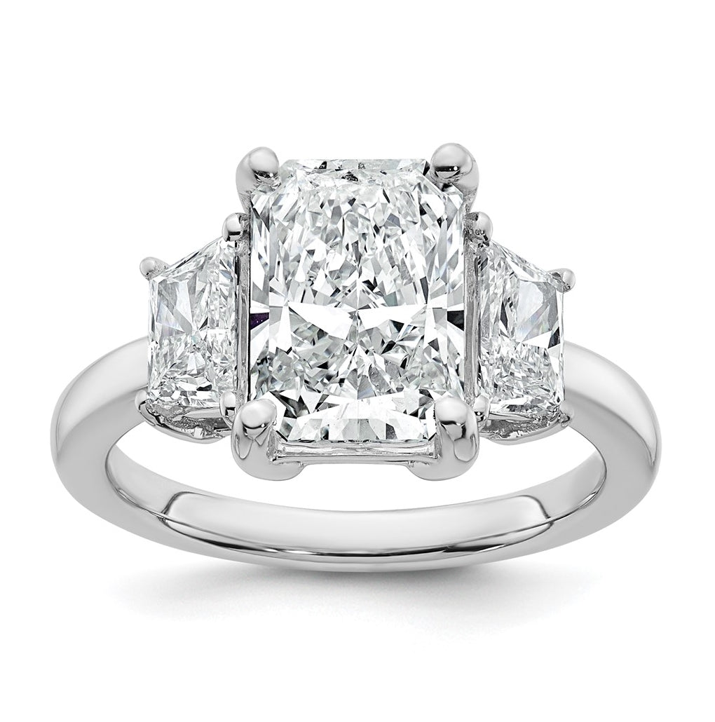 14k White Gold 4 carat Certified Lab Grown Diamond VS+ F+ Radiant and Trapezoid Complete Three Stone Engagement Ring