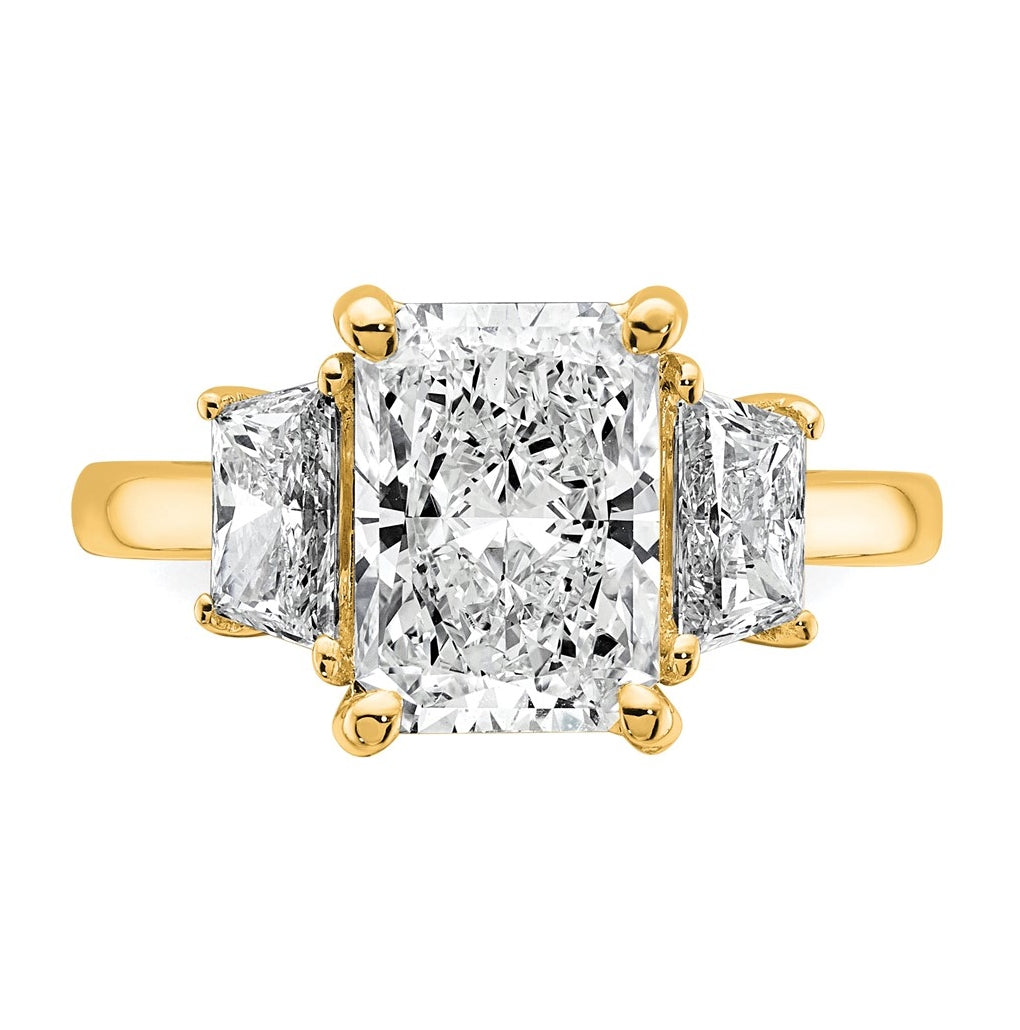 14k Yellow Gold 4 carat Certified Lab Grown Diamond VS+ F+ Radiant and Trapezoid Complete Three Stone Engagement Ring