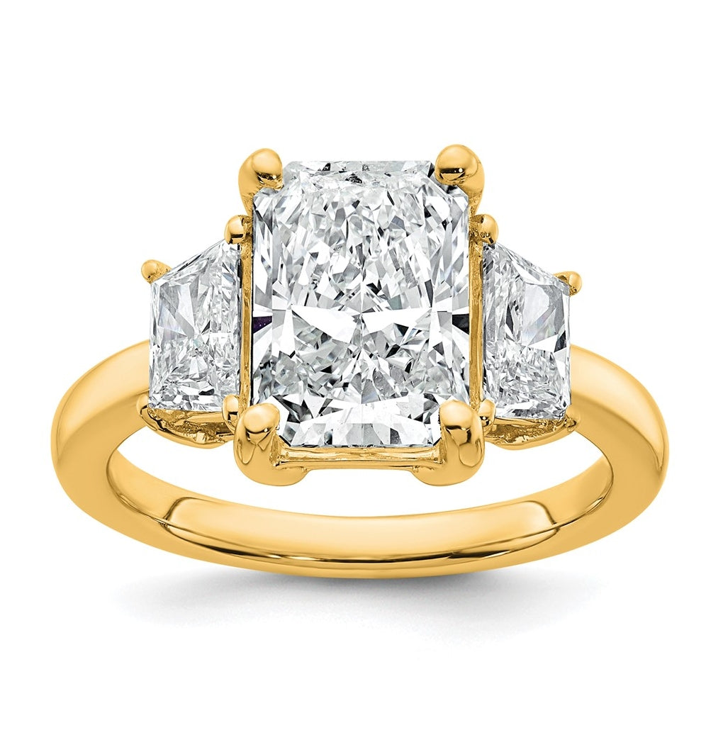 14k Yellow Gold 4 carat Certified Lab Grown Diamond VS+ F+ Radiant and Trapezoid Complete Three Stone Engagement Ring