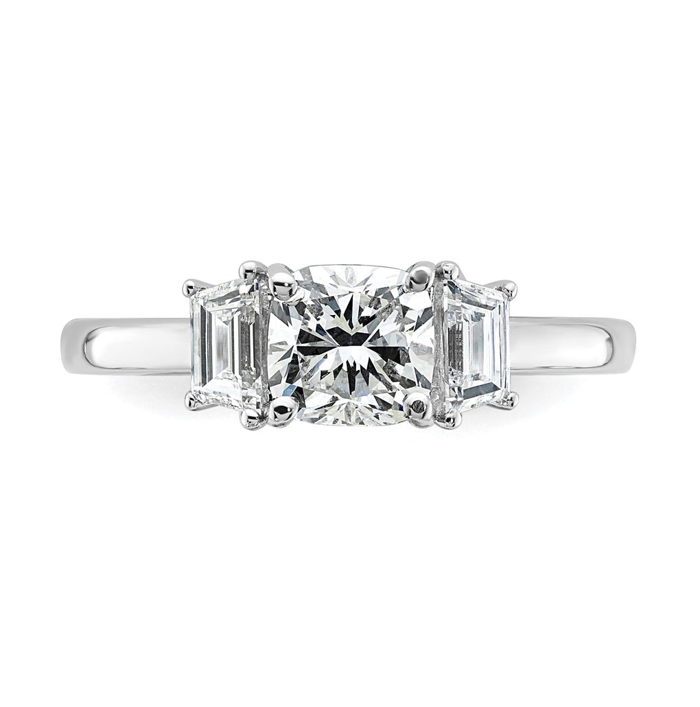 14k White Gold 1 3/8 carat Certified Lab Grown Diamond VS+ F+ Cushion and Half Moon Complete Three Stone Engagement Ring