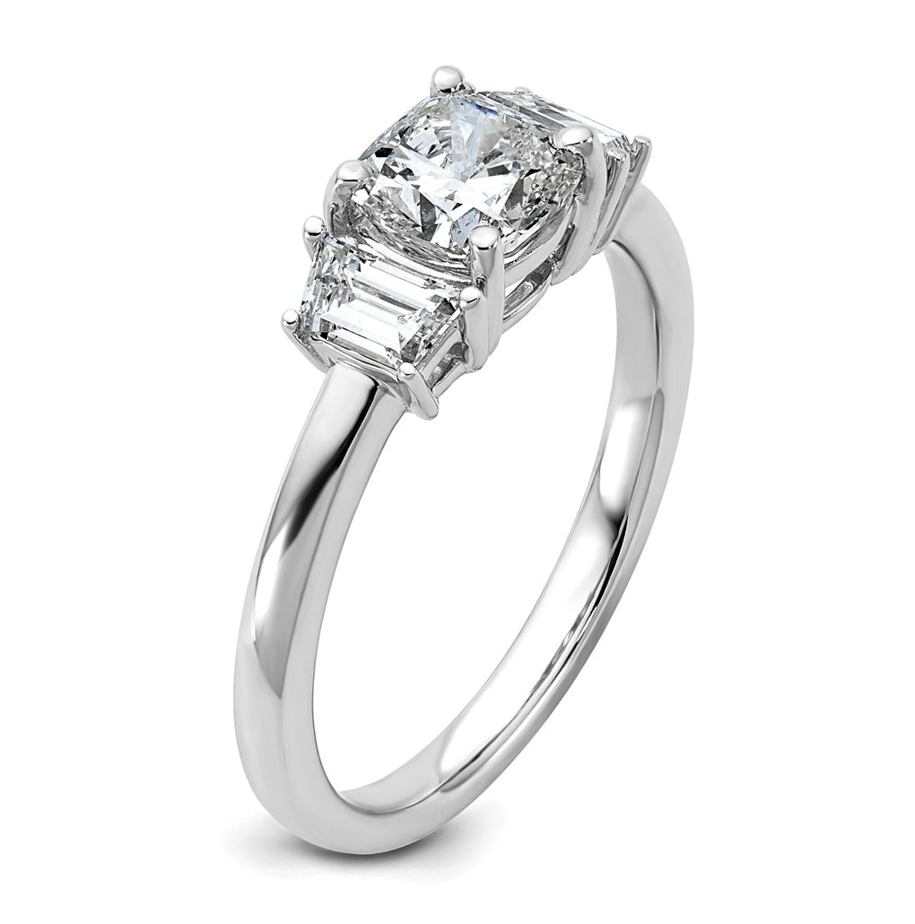 14k White Gold 1 3/8 carat Certified Lab Grown Diamond VS+ F+ Cushion and Half Moon Complete Three Stone Engagement Ring