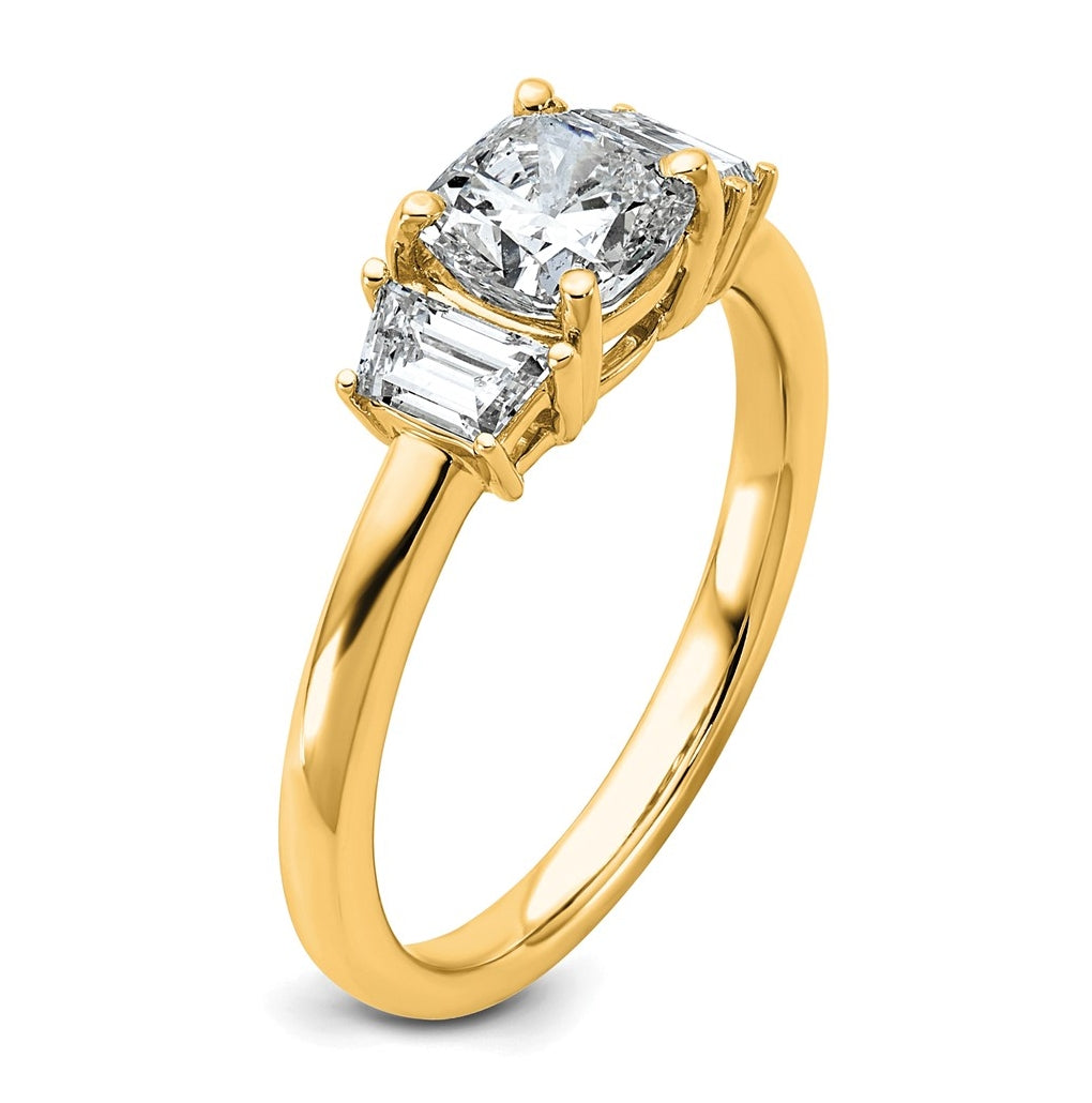 14k Yellow Gold Certified Lab Grown Diamond VS+ F+ Cushion and Half Moon Complete Three Stone Engagement Ring