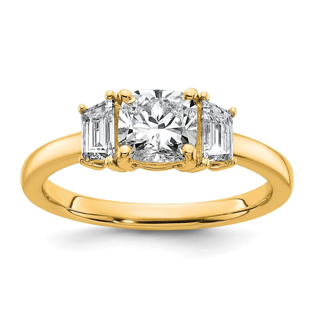 14k Yellow Gold Certified Lab Grown Diamond VS+ F+ Cushion and Half Moon Complete Three Stone Engagement Ring