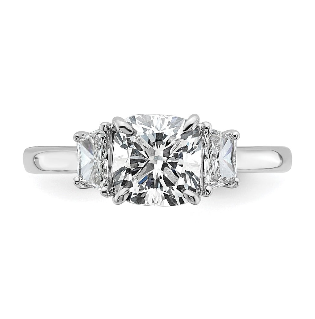 14k White Gold 1 7/8 carat Certified Lab Grown Diamond VS+ F+ Cushion and Half Moon Complete Three Stone Engagement Ring