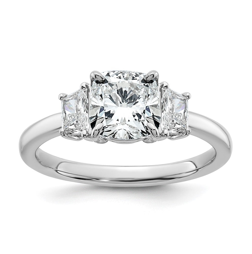 14k White Gold 1 7/8 carat Certified Lab Grown Diamond VS+ F+ Cushion and Half Moon Complete Three Stone Engagement Ring