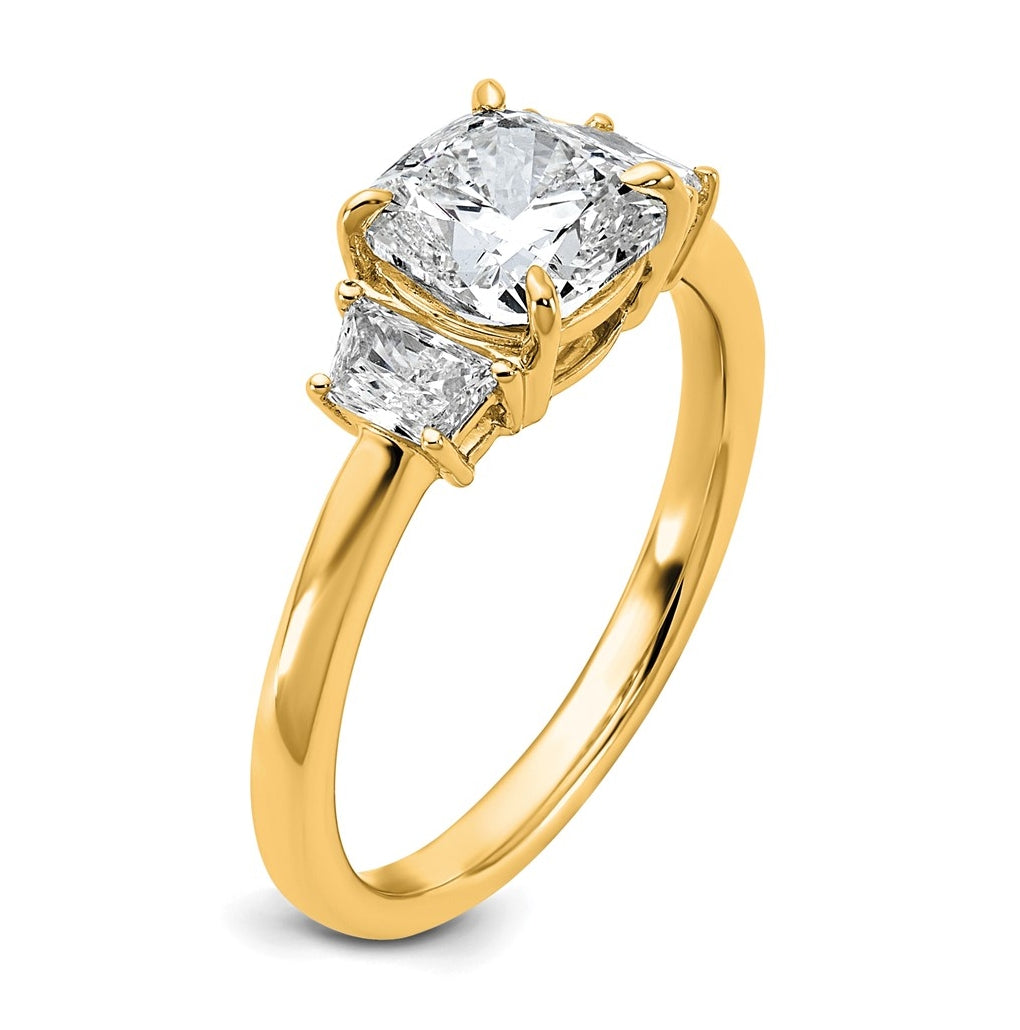14k Yellow Gold Certified Lab Grown Diamond VS+ F+ Cushion and Half Moon Complete Three Stone Engagement Ring