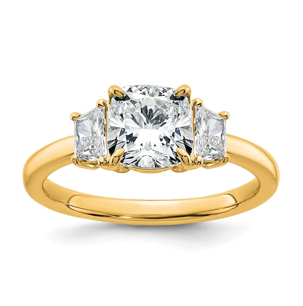 14k Yellow Gold Certified Lab Grown Diamond VS+ F+ Cushion and Half Moon Complete Three Stone Engagement Ring