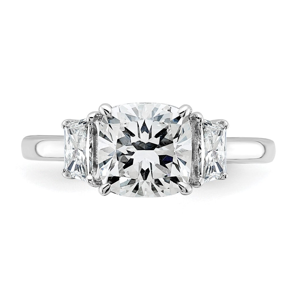 14k White Gold 2 1/2 carat Certified Lab Grown Diamond VS+ F+ Cushion and Half Moon Complete Three Stone Engagement Ring