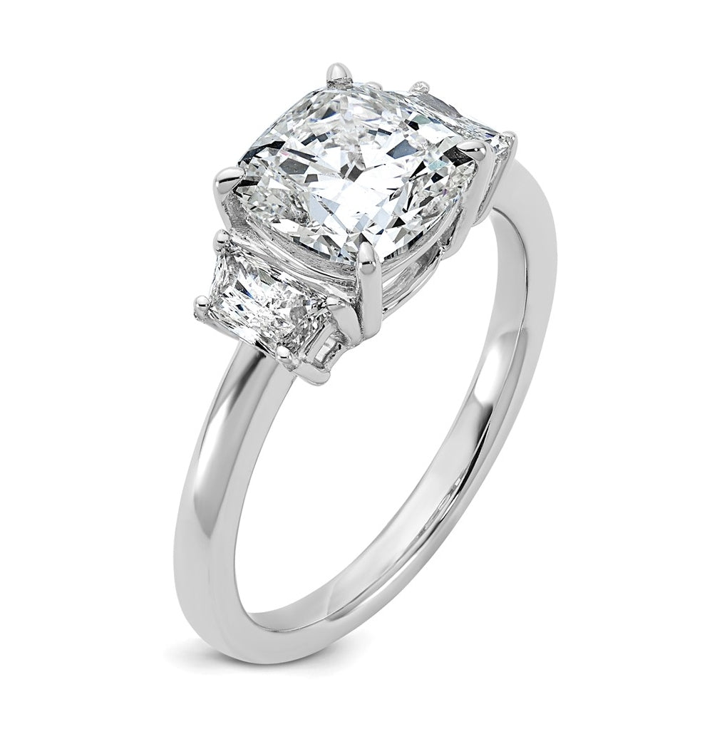 14k White Gold 2 1/2 carat Certified Lab Grown Diamond VS+ F+ Cushion and Half Moon Complete Three Stone Engagement Ring