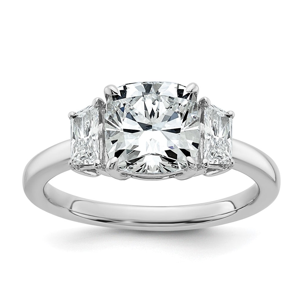 14k White Gold 2 1/2 carat Certified Lab Grown Diamond VS+ F+ Cushion and Half Moon Complete Three Stone Engagement Ring