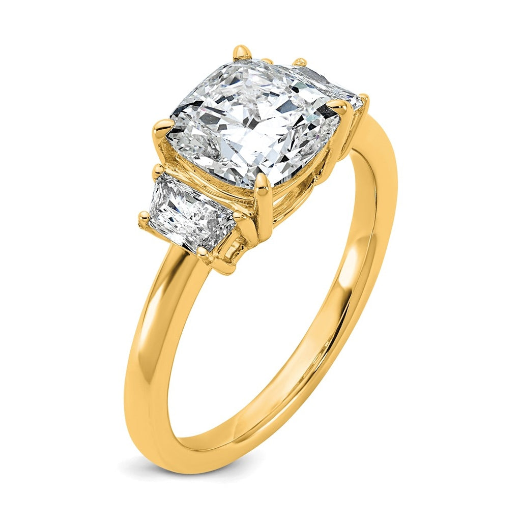 14k Yellow Gold Certified Lab Grown Diamond VS+ F+ Cushion and Half Moon Complete Three Stone Engagement Ring