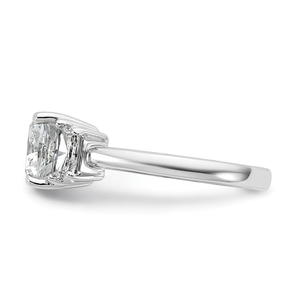 14k White Gold 3 1/8 carat Certified Lab Grown Diamond VS+ F+ Cushion and Half Moon Complete Three Stone Engagement Ring