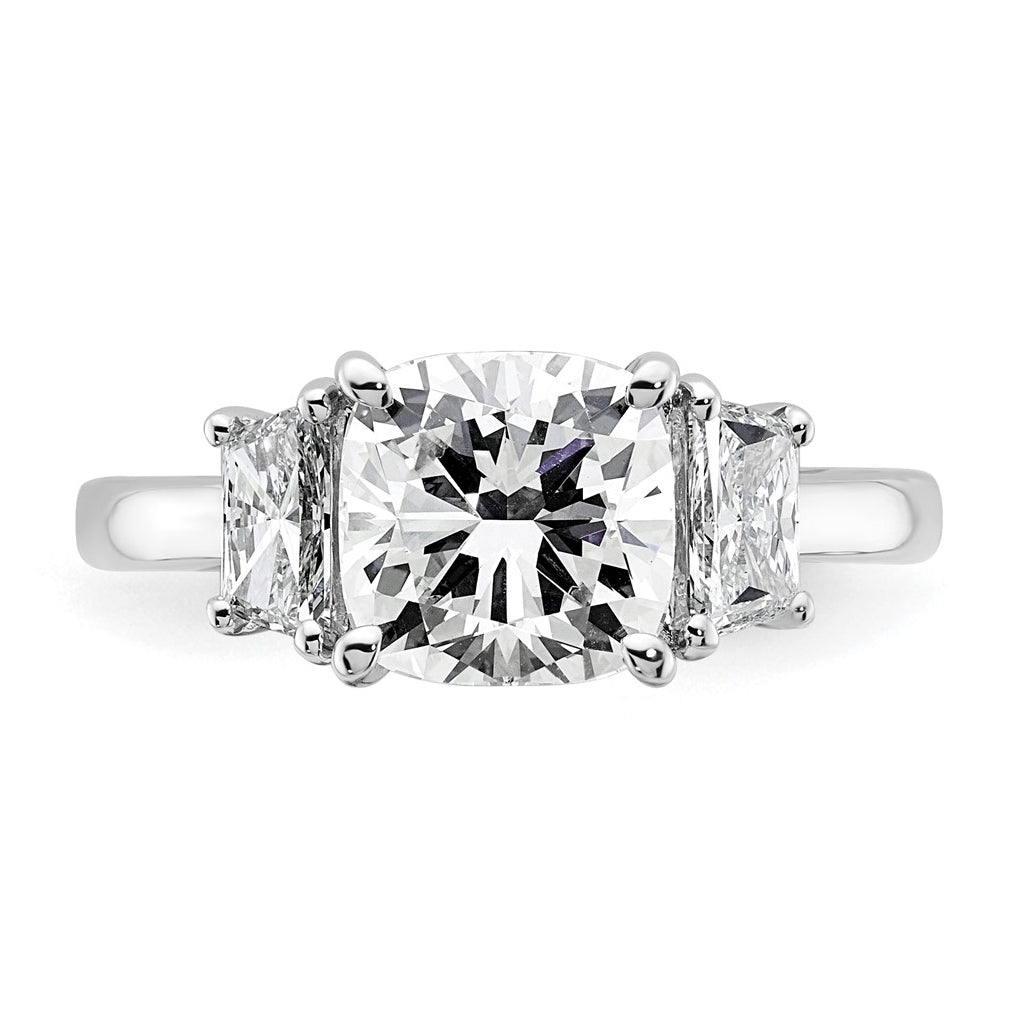 14k White Gold 3 1/8 carat Certified Lab Grown Diamond VS+ F+ Cushion and Half Moon Complete Three Stone Engagement Ring