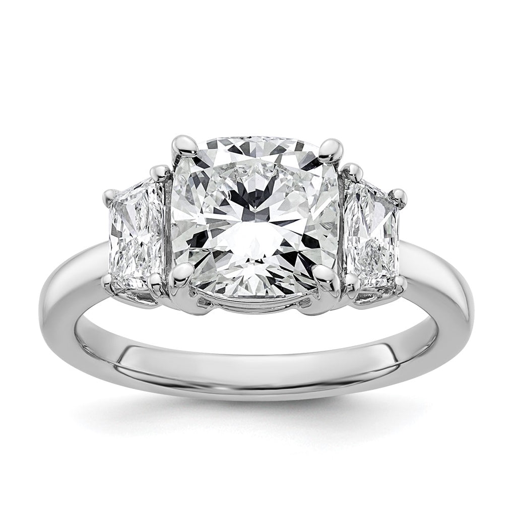 14k White Gold 3 1/8 carat Certified Lab Grown Diamond VS+ F+ Cushion and Half Moon Complete Three Stone Engagement Ring