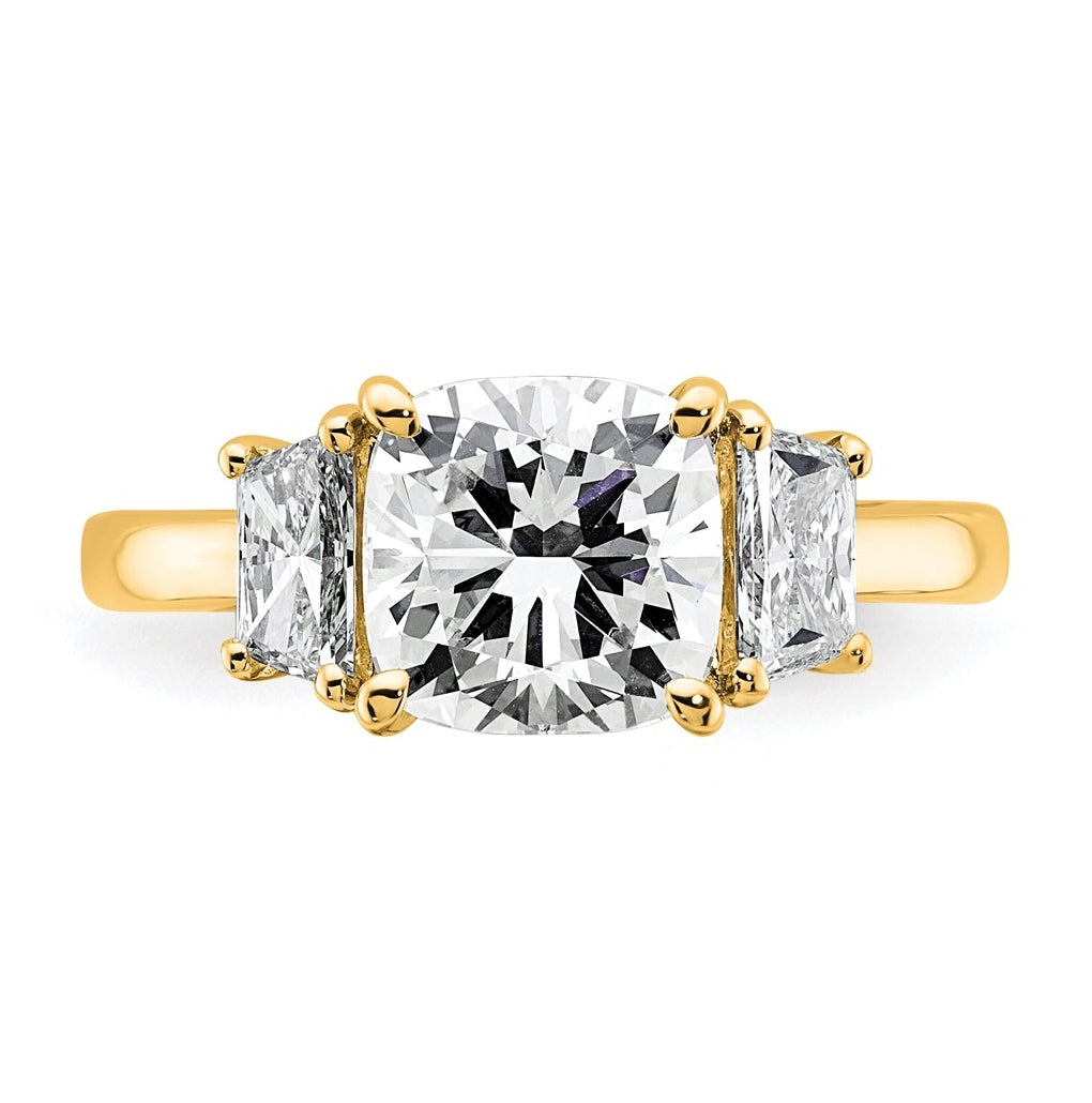 14k Yellow Gold Certified Lab Grown Diamond VS+ F+ Cushion and Half Moon Complete Three Stone Engagement Ring