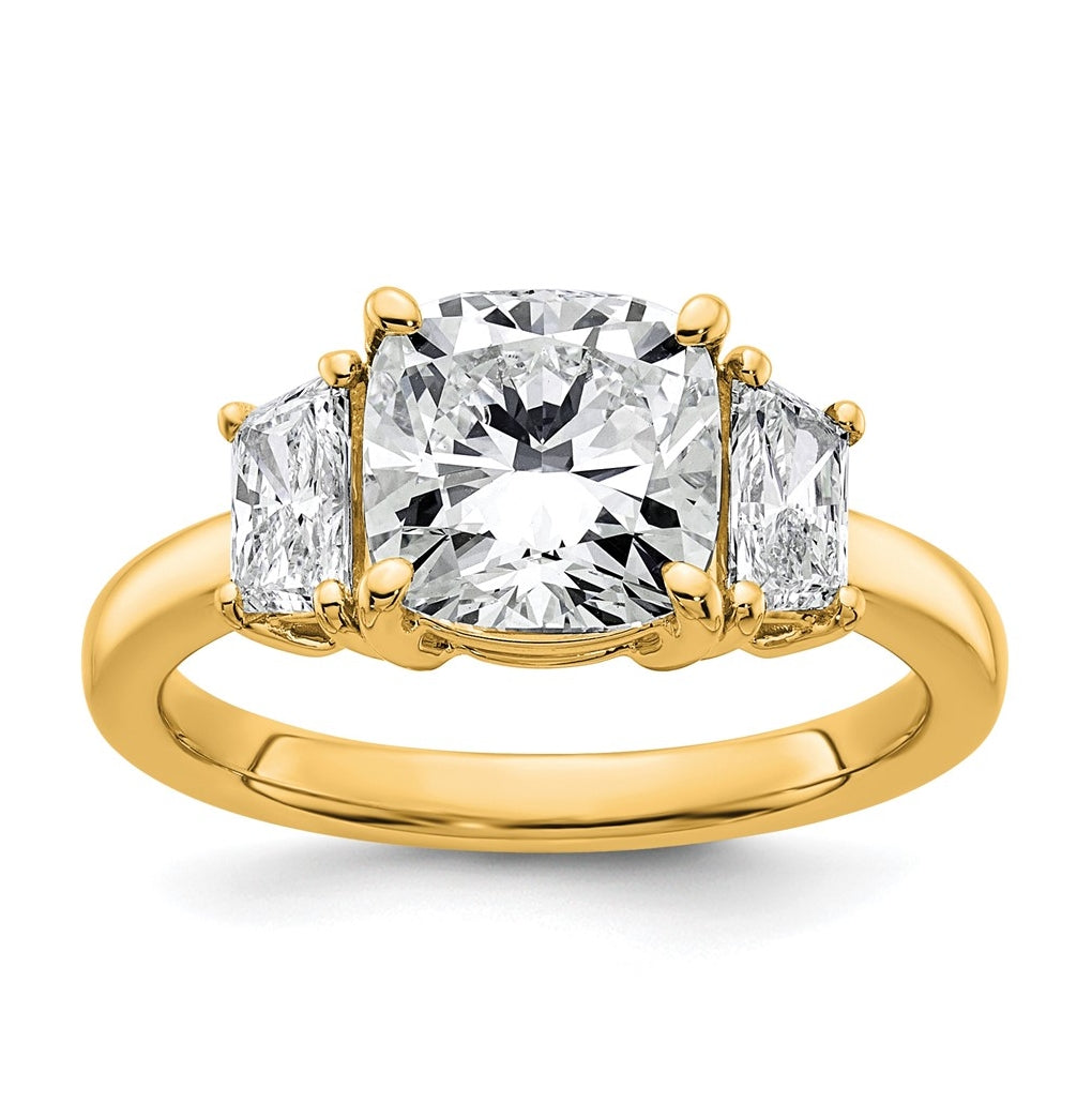 14k Yellow Gold Certified Lab Grown Diamond VS+ F+ Cushion and Half Moon Complete Three Stone Engagement Ring