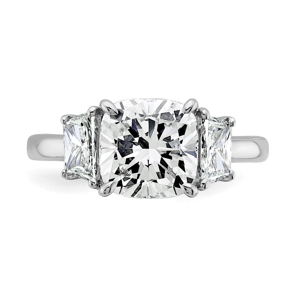 14k White Gold 3 3/4 carat Certified Lab Grown Diamond VS+ F+ Cushion and Half Moon Complete Three Stone Engagement Ring