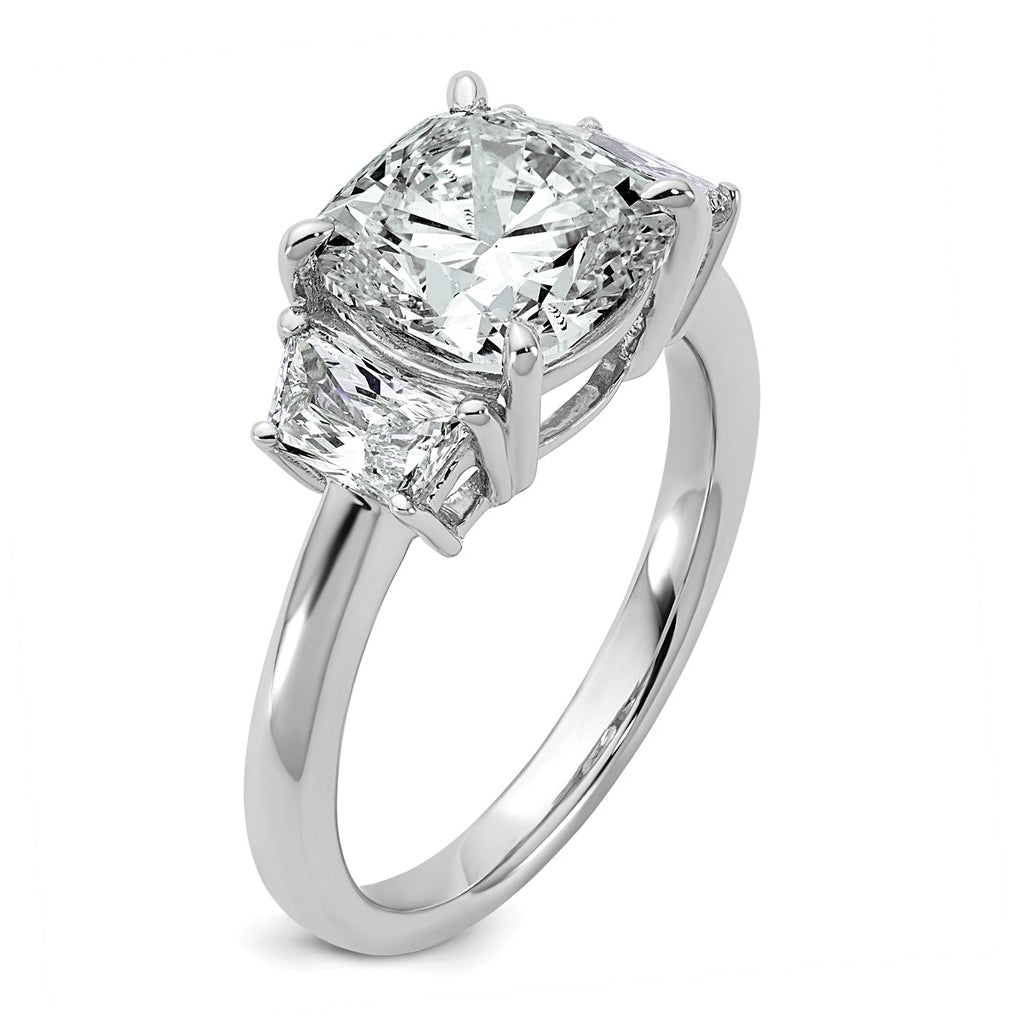 14k White Gold 3 3/4 carat Certified Lab Grown Diamond VS+ F+ Cushion and Half Moon Complete Three Stone Engagement Ring
