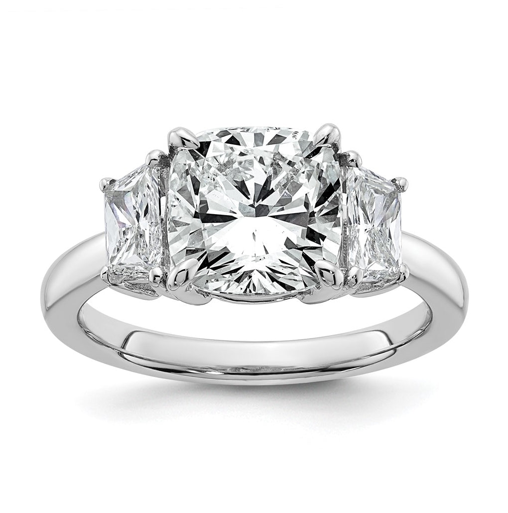 14k White Gold 3 3/4 carat Certified Lab Grown Diamond VS+ F+ Cushion and Half Moon Complete Three Stone Engagement Ring