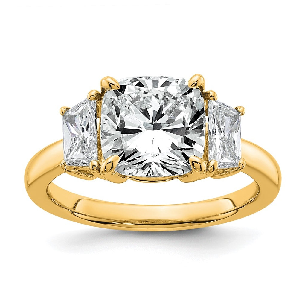 14k Yellow Gold Certified Lab Grown Diamond VS+ F+ Cushion and Half Moon Complete Three Stone Engagement Ring