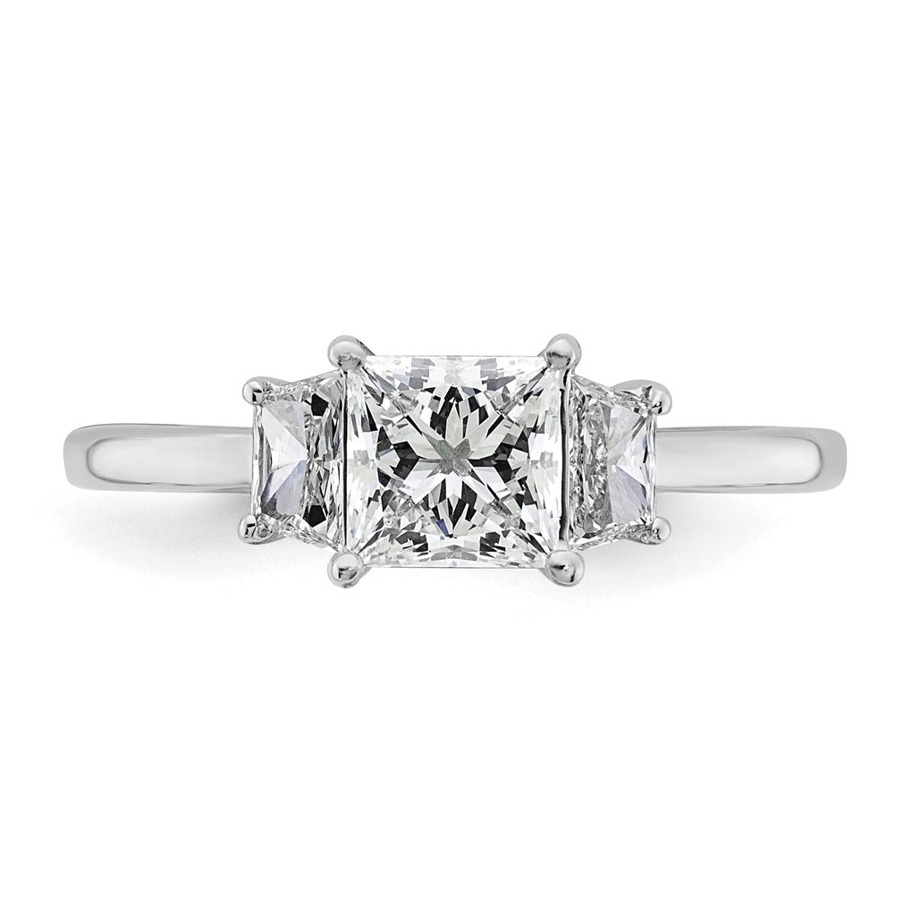 14k White Gold 1 3/8 carat Certified Lab Grown Diamond VS+ F+ Princess and Trapezoid Complete Three Stone Engagement Ring