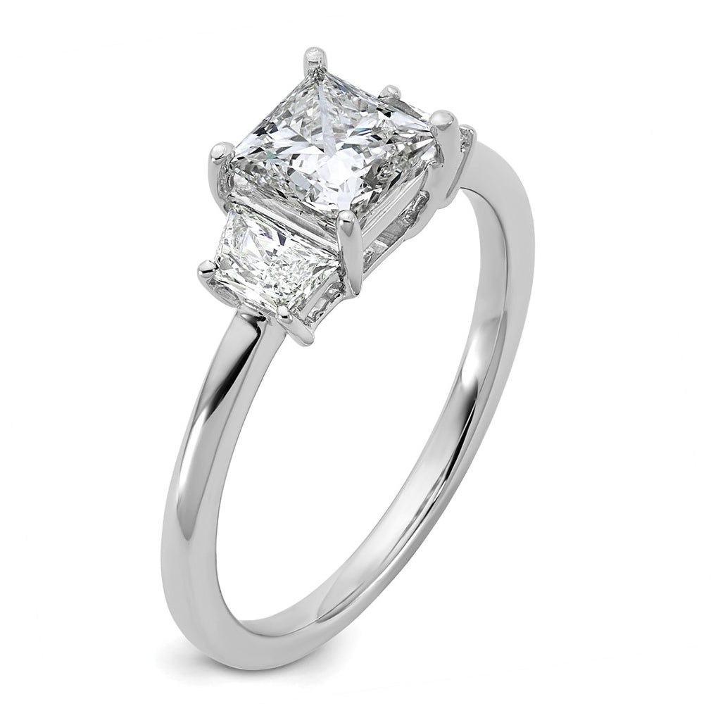 14k White Gold 1 3/8 carat Certified Lab Grown Diamond VS+ F+ Princess and Trapezoid Complete Three Stone Engagement Ring