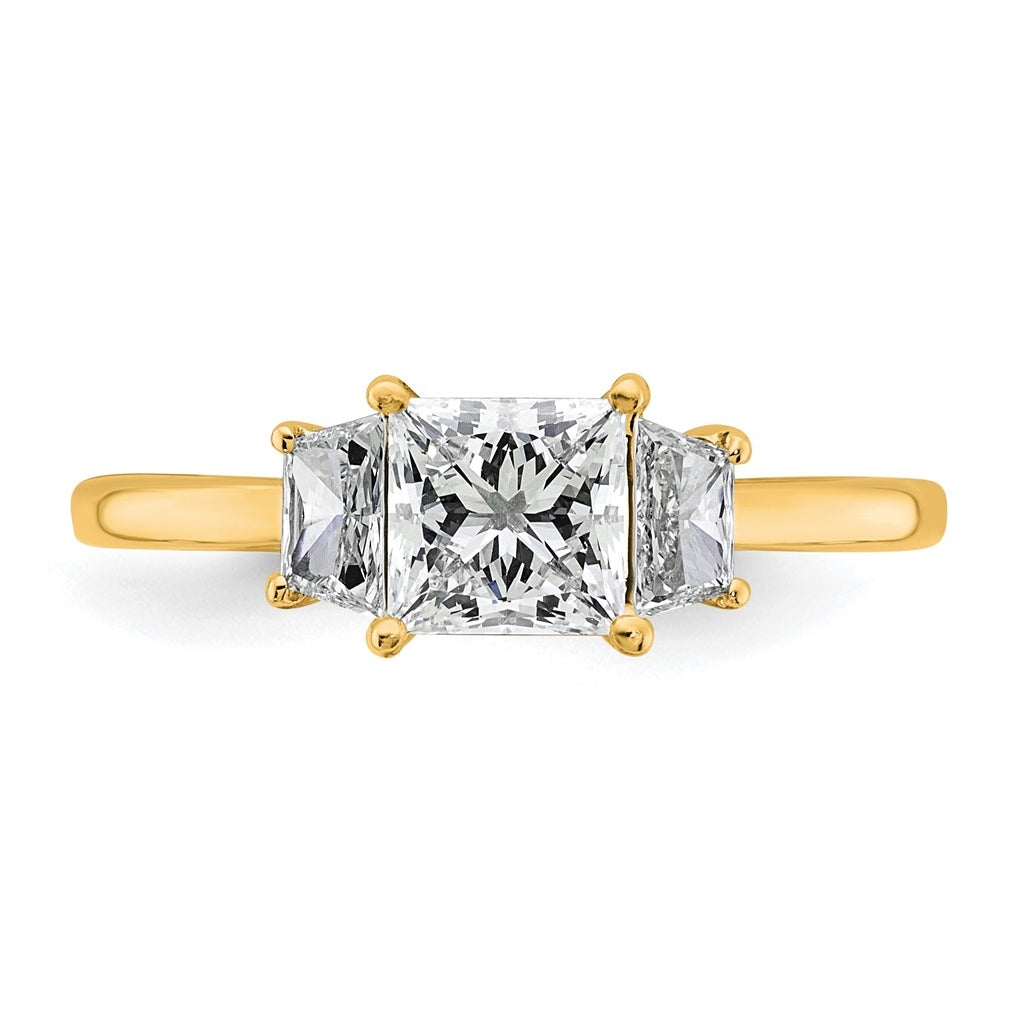 14k Yellow Gold 1 3/8 carat Certified Lab Grown Diamond VS+ F+ Princess and Trapezoid Complete Three Stone Engagement Ring