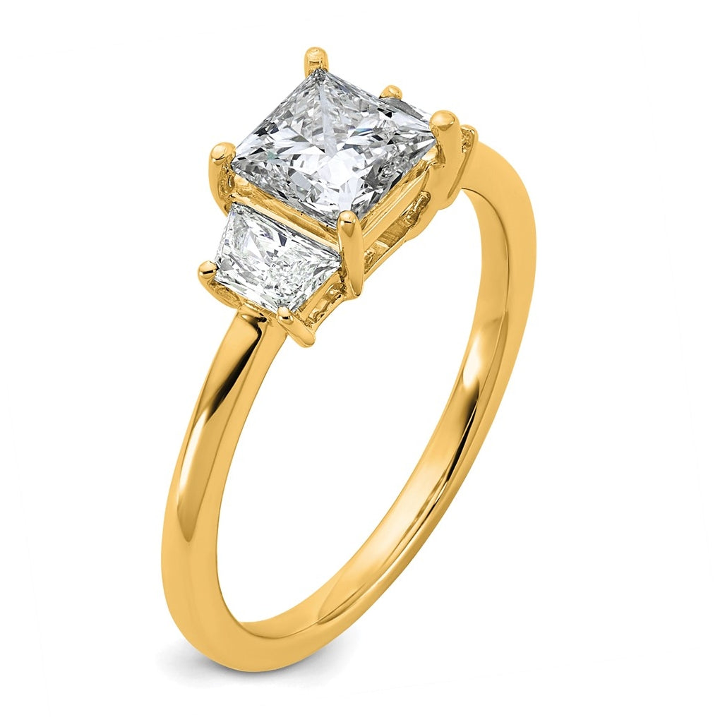 14k Yellow Gold 1 3/8 carat Certified Lab Grown Diamond VS+ F+ Princess and Trapezoid Complete Three Stone Engagement Ring