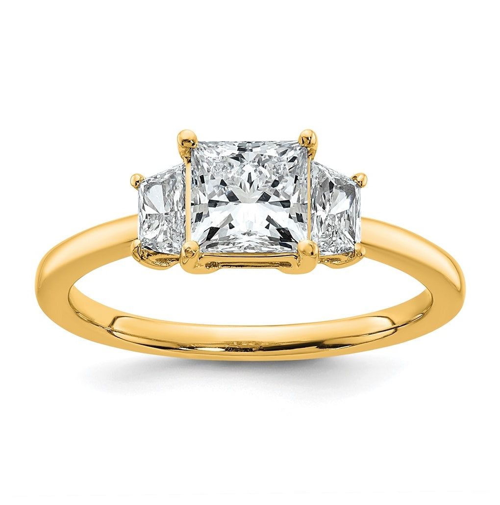14k Yellow Gold 1 3/8 carat Certified Lab Grown Diamond VS+ F+ Princess and Trapezoid Complete Three Stone Engagement Ring