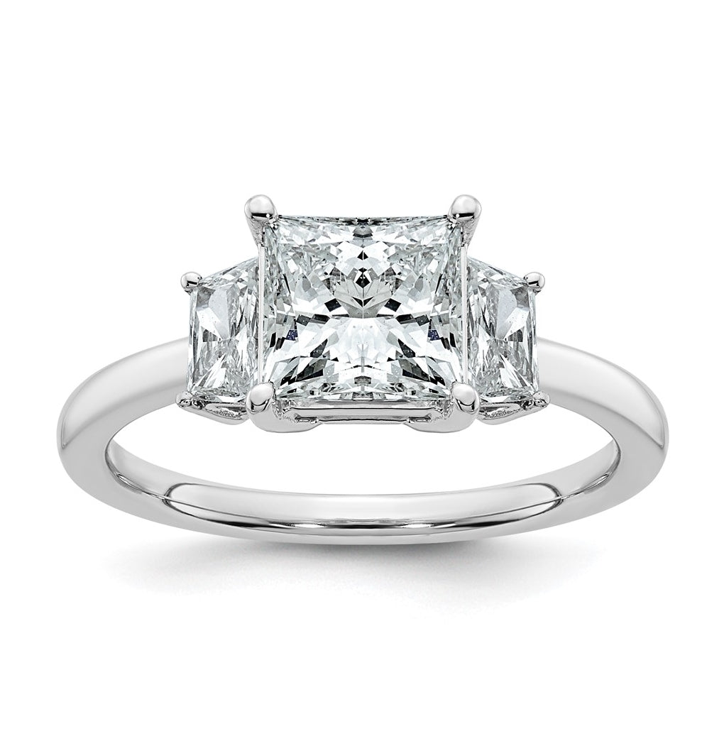 14k White Gold 2 carat Certified Lab Grown Diamond VS+ F+ Princess and Trapezoid Complete Three Stone Engagement Ring