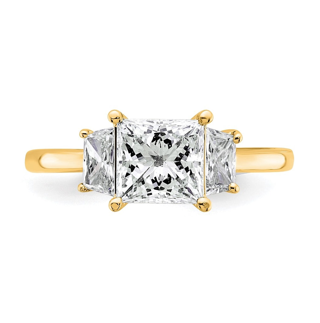 14k Yellow Gold 2 carat Certified Lab Grown Diamond VS+ F+ Princess and Trapezoid Complete Three Stone Engagement Ring