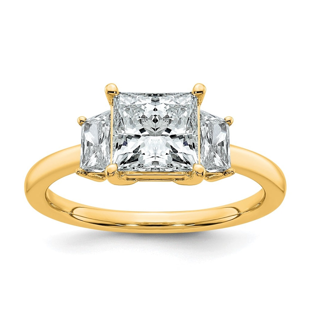 14k Yellow Gold 2 carat Certified Lab Grown Diamond VS+ F+ Princess and Trapezoid Complete Three Stone Engagement Ring