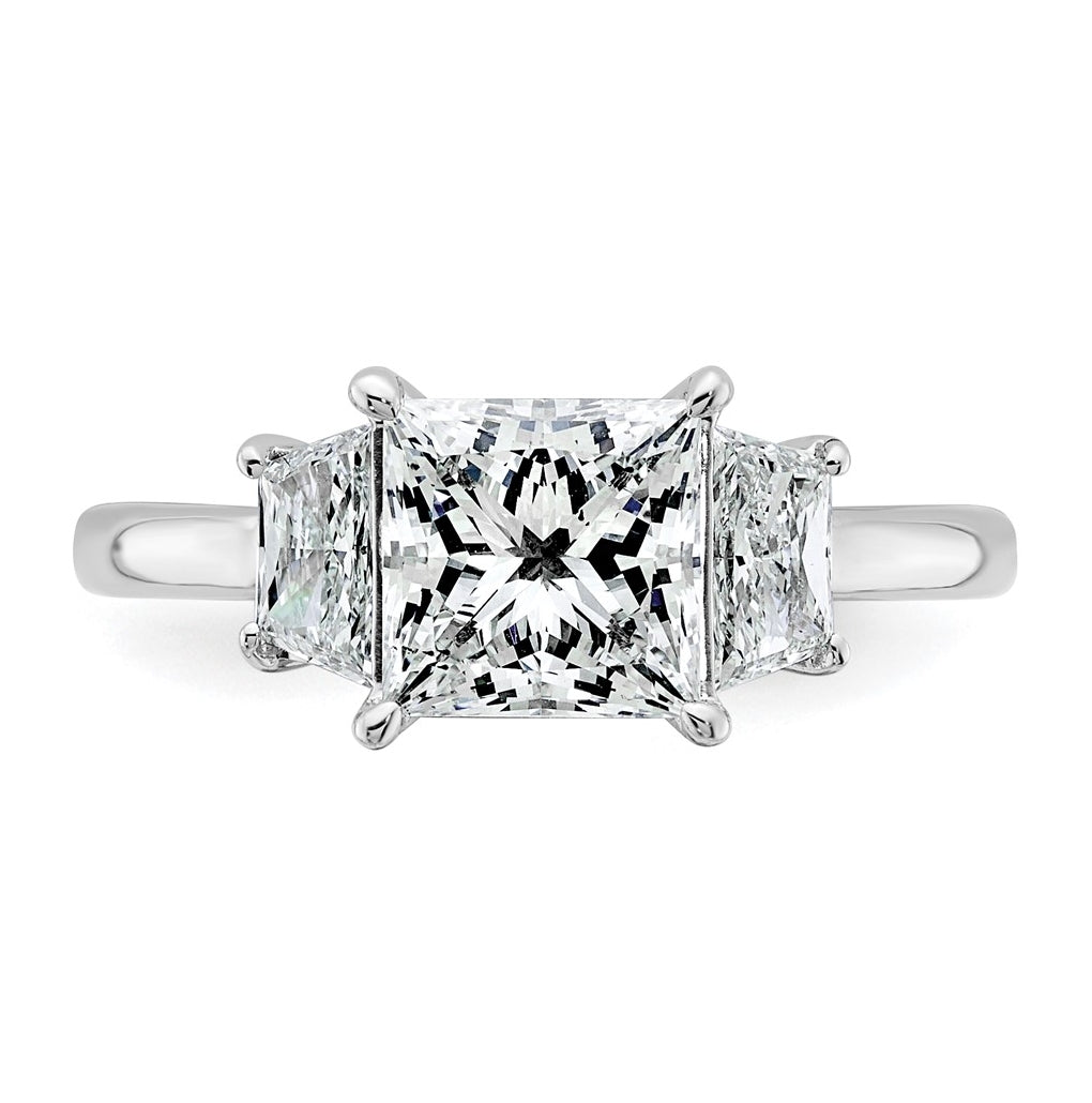 14k White Gold 2 3/4 carat Certified Lab Grown Diamond VS+ F+ Princess and Trapezoid Complete Three Stone Engagement Ring
