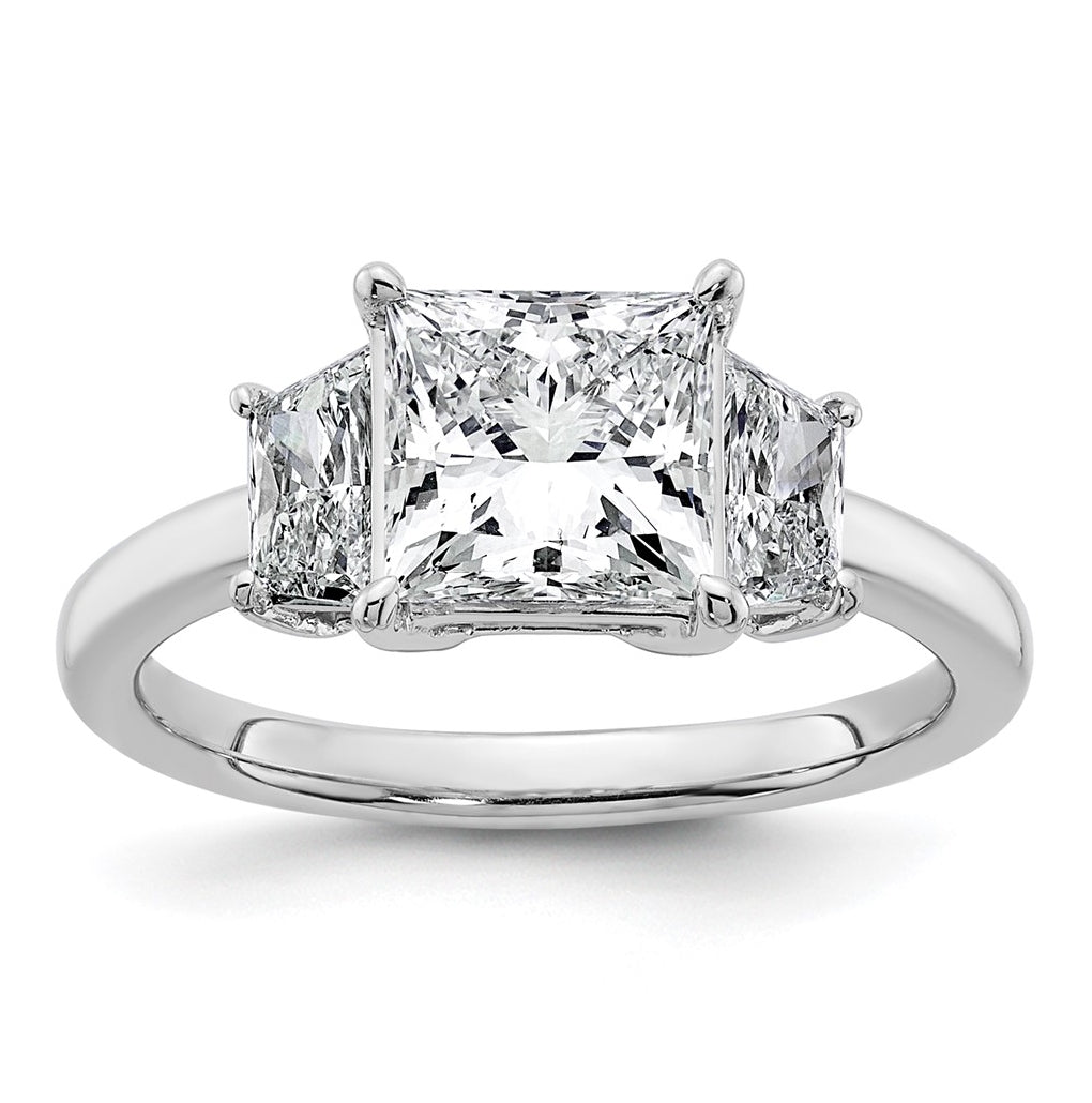 14k White Gold 2 3/4 carat Certified Lab Grown Diamond VS+ F+ Princess and Trapezoid Complete Three Stone Engagement Ring