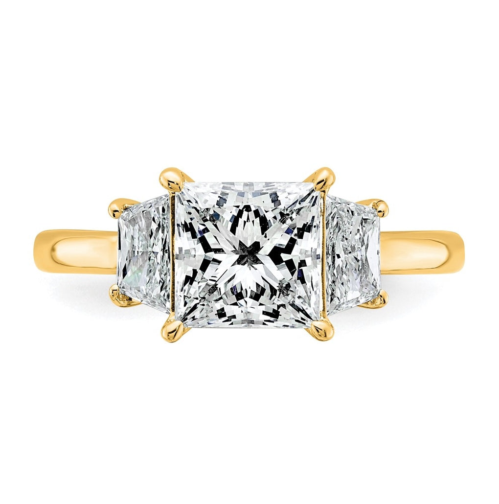 14k Yellow Gold 2 3/4 carat Certified Lab Grown Diamond VS+ F+ Princess and Trapezoid Complete Three Stone Engagement Ring