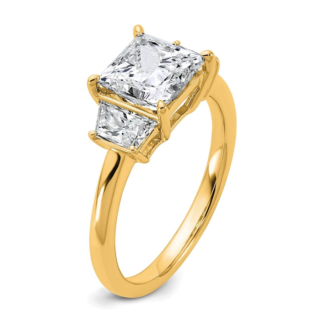 14k Yellow Gold 2 3/4 carat Certified Lab Grown Diamond VS+ F+ Princess and Trapezoid Complete Three Stone Engagement Ring