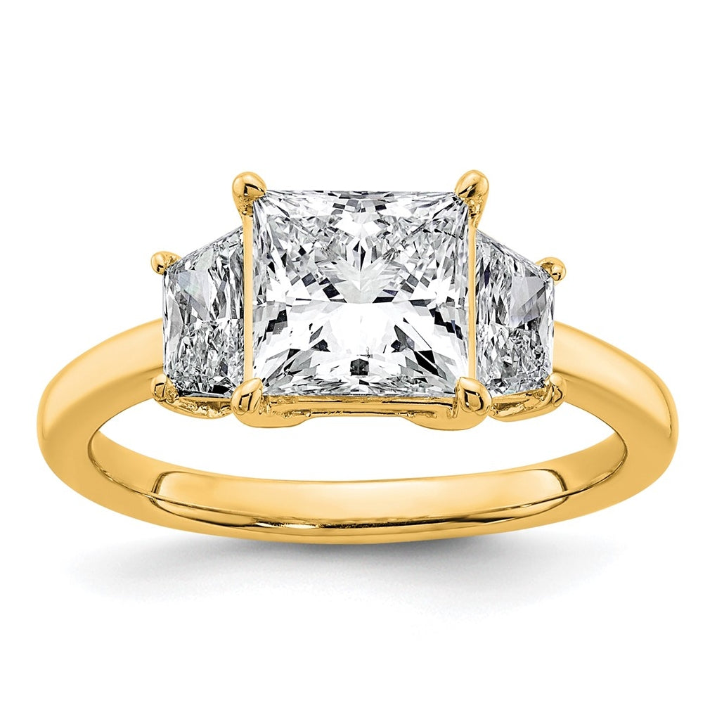 14k Yellow Gold 2 3/4 carat Certified Lab Grown Diamond VS+ F+ Princess and Trapezoid Complete Three Stone Engagement Ring