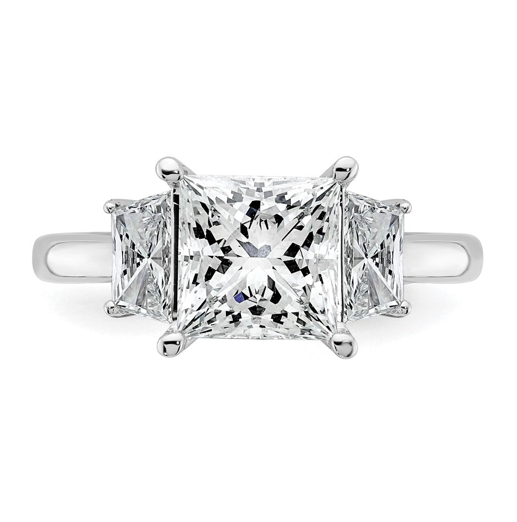 14k White Gold 3 1/3 carat Certified Lab Grown Diamond VS+ F+ Princess and Trapezoid Complete Three Stone Engagement Ring