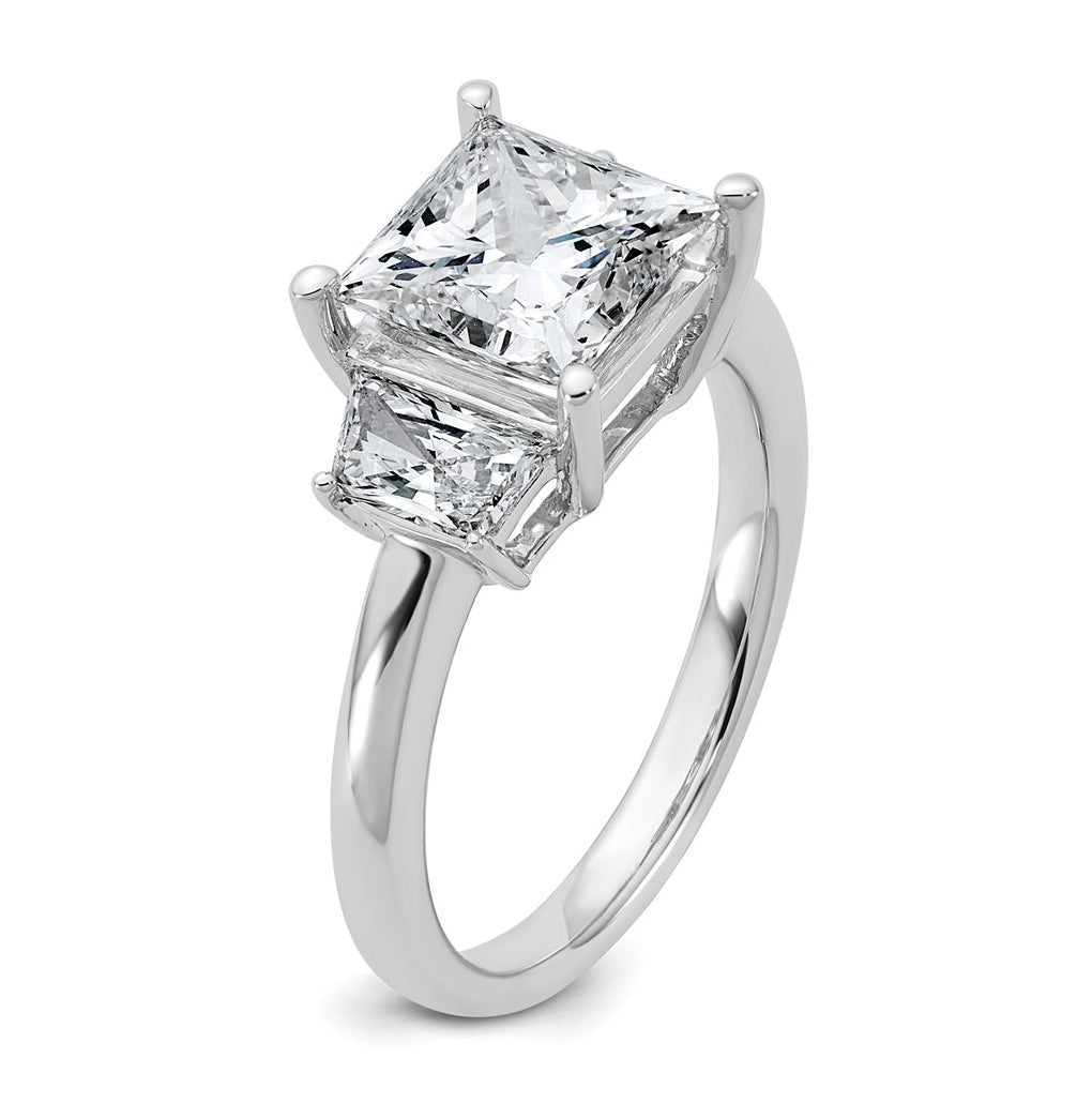 14k White Gold 3 1/3 carat Certified Lab Grown Diamond VS+ F+ Princess and Trapezoid Complete Three Stone Engagement Ring