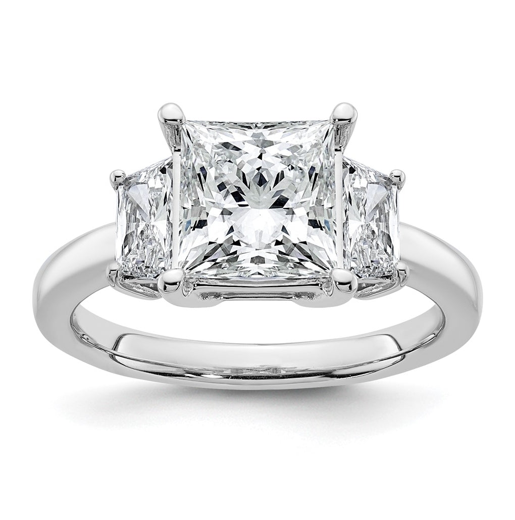 14k White Gold 3 1/3 carat Certified Lab Grown Diamond VS+ F+ Princess and Trapezoid Complete Three Stone Engagement Ring