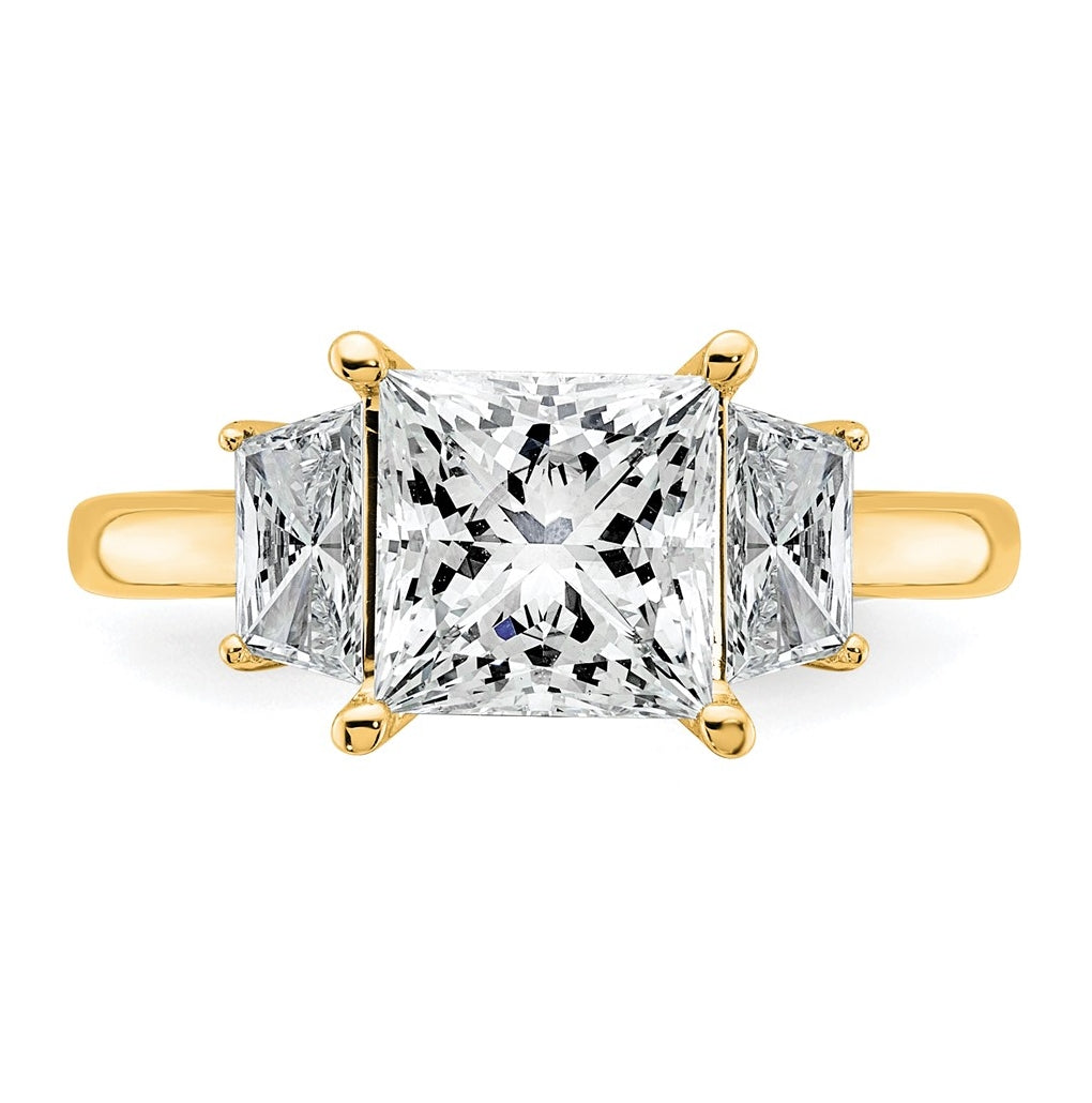 14k Yellow Gold 3 1/3 carat Certified Lab Grown Diamond VS+ F+ Princess and Trapezoid Complete Three Stone Engagement Ring
