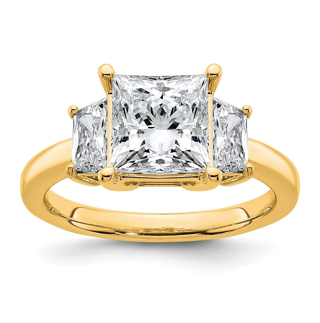 14k Yellow Gold 3 1/3 carat Certified Lab Grown Diamond VS+ F+ Princess and Trapezoid Complete Three Stone Engagement Ring