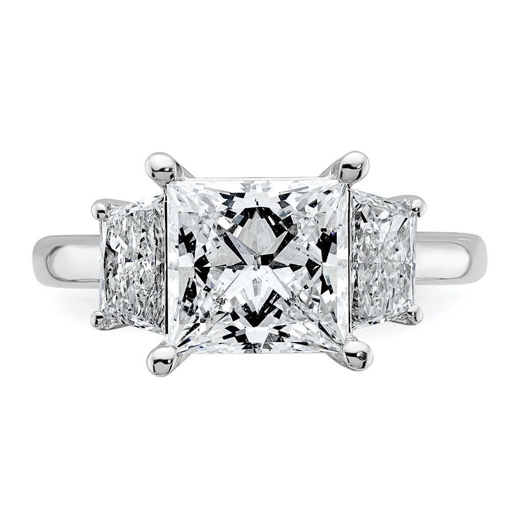 14k White Gold 4 carat Certified Lab Grown Diamond VS+ F+ Princess and Trapezoid Complete Three Stone Engagement Ring