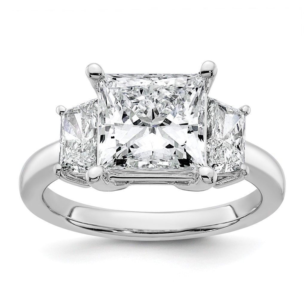 14k White Gold 4 carat Certified Lab Grown Diamond VS+ F+ Princess and Trapezoid Complete Three Stone Engagement Ring