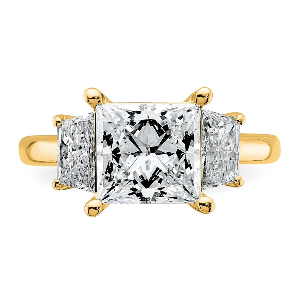 14k Yellow Gold 4 carat Certified Lab Grown Diamond VS+ F+ Princess and Trapezoid Complete Three Stone Engagement Ring