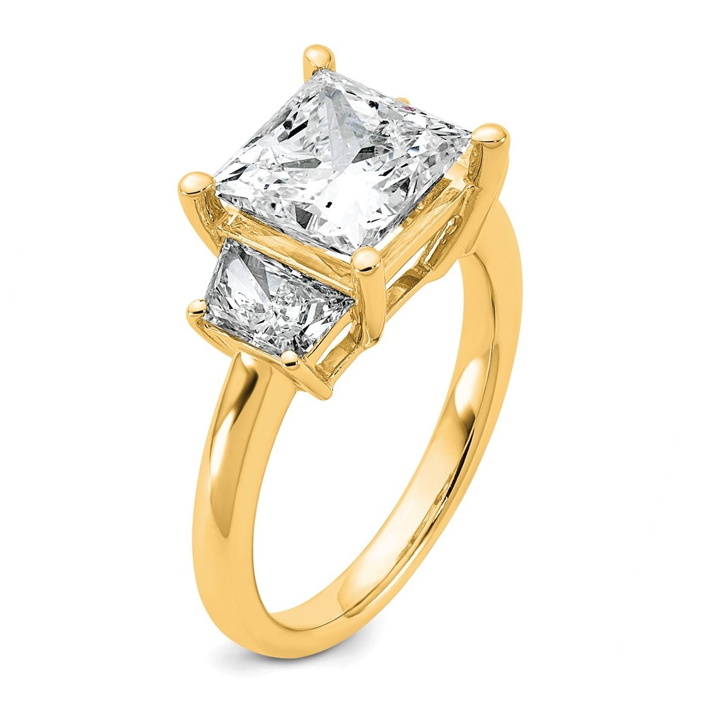 14k Yellow Gold 4 carat Certified Lab Grown Diamond VS+ F+ Princess and Trapezoid Complete Three Stone Engagement Ring