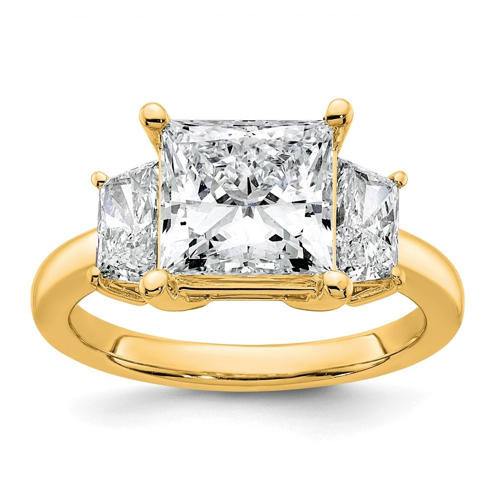 14k Yellow Gold 4 carat Certified Lab Grown Diamond VS+ F+ Princess and Trapezoid Complete Three Stone Engagement Ring