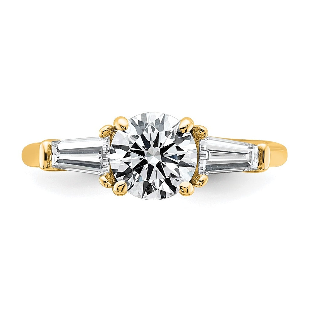 14K Yellow Or White Gold Lab Grown Diamond VS+ F+ Round and Tapered Baguette Complete Three Stone Engagement Ring