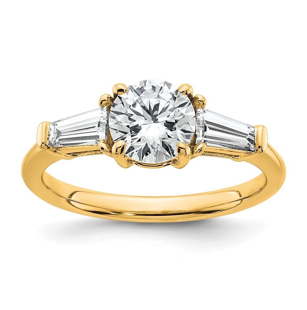 14K Yellow Or White Gold Lab Grown Diamond VS+ F+ Round and Tapered Baguette Complete Three Stone Engagement Ring